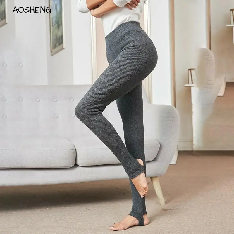 

AOSHENG High Waist Solid Color Thread Knitted Leggings Autumn Winter Stripe Fashion M-XXL Size Plus Size Women Casual Leggings