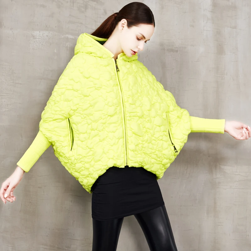 Winter Fashion Loose Style Short Design Batwing Sleeve Cloak Down Coat Hooded Winter Outwear