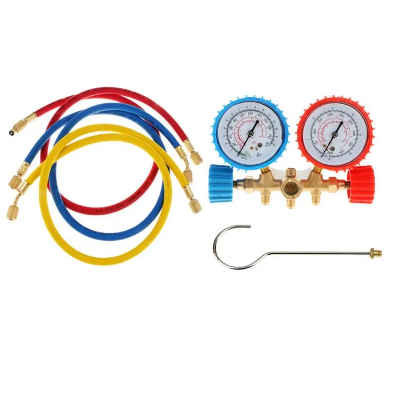 

New Car Metal + Plastic AC Air Conditioner A/C R134a Manifold Gauges 170*120*35mm Set with 880mm Charging Hoses