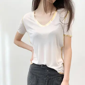 

2020 New V-neck Women T Shirt Lady Slim Wild Stylish Short-sleeved Tee Silver Gold Edge Shine Fashion Bottoming T-shirt Top