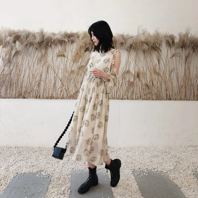 

Women Boho Spring Summer Dress Elegance Ladies Sweet Floral Print Off The Shoulder Beach Gorgeous Chiffon Dress Robe Vestido
