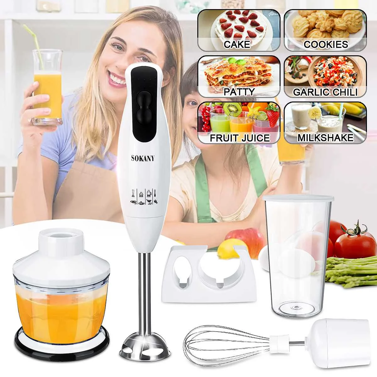 

5 in 1 600W Portable Electric Blenders Stick Whisk Juicer Mixer Handheld Vegetable Meat Grinder Food Chopper Stainless Steel+ABS