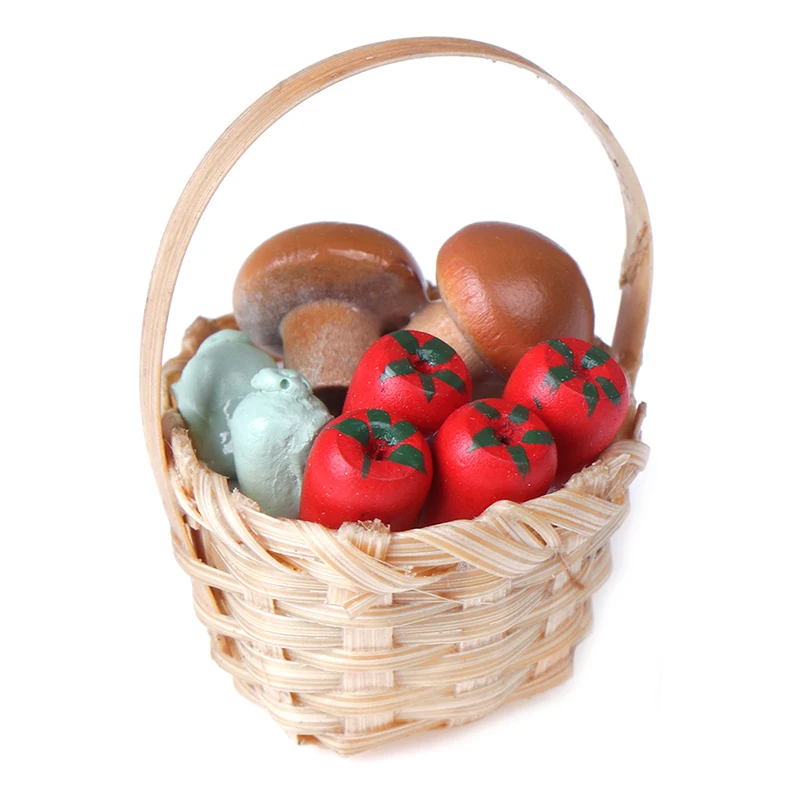 Dollhouse Furniture Set 1/12 Mini Cute Rattan Iron Frame Vegetable Food Storage Basket Dolls Decoration