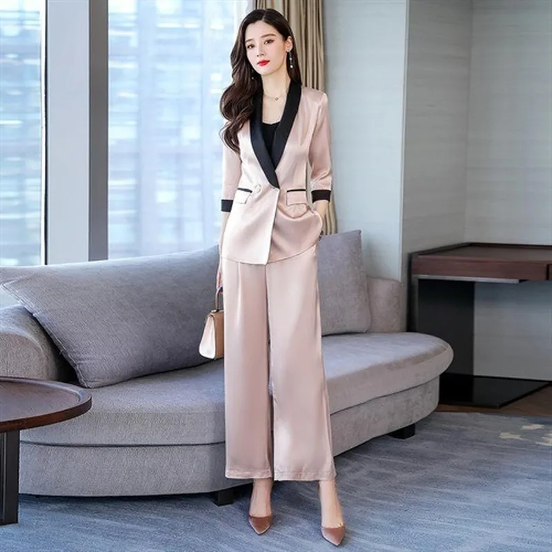 

High Quality Women's Suit Pants Two Piece Set Spring 2020 casual pink ladies blazer jacket feminine Elegant wide-leg pants