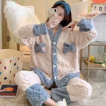Winter Pijama Woemn Thick Flannel Kawaii Pajamas Pink Sleepwear Femme Plants Home Wear Lounge Teens Girls Nightwear Home Wear