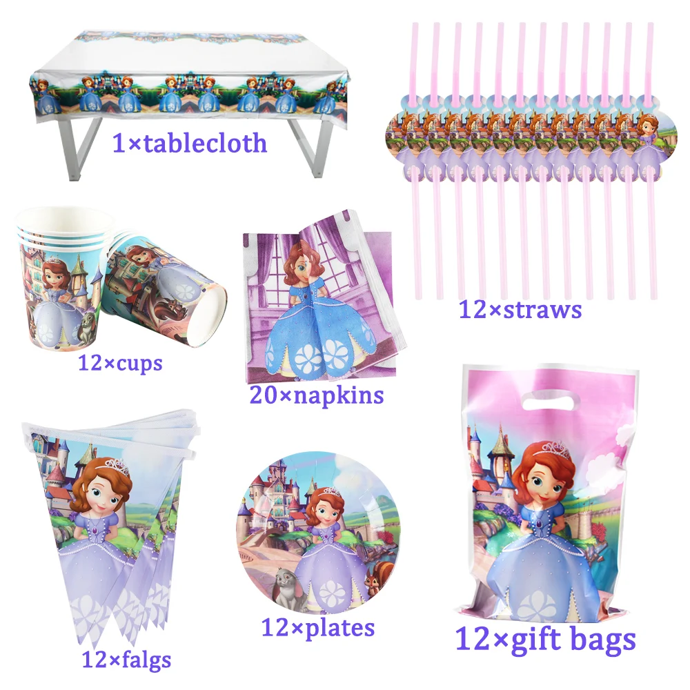 

44/81/36/68/57Pcs Sofia Princess Disney Theme Girls Birthday Decorations Cups Plate Tablecloth Baby Shower Party Supplies