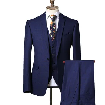 

Blue Men's Fashion British Style Large Size Blazer Three-piece Male Banquet Party Evening Dress Suit Set Groom Marriage Clothes