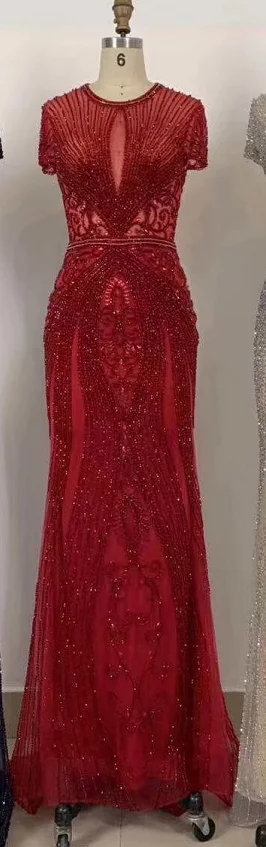 red Nude Mermaid Evening Dress Long Luxury Rhinestones Beauty Pageant Formal Gowns Mermaid Beaded Crystals robe de soiree ZD2007 - Цвет: red