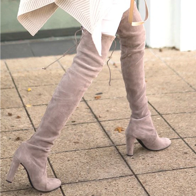 

Fashion Suede Leather Women's Over The Knee Boot Sexy Over The Knee Pullon Boot Trendy High Block Heel Shoes zapatos de mujer 42