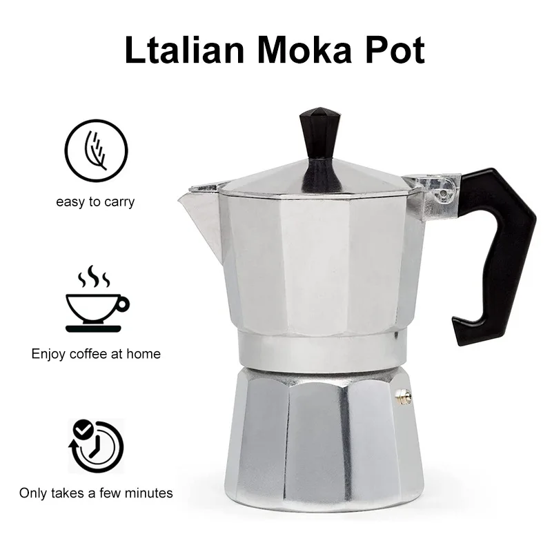 Italian Moka pot, Italian hand brewing pot, coffee pot, aluminum octagonal pot, suitable for gas heating of induction cooker