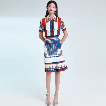 

Summer 2020 set lapel studded diamond beaded short sleeve printed shirt + patchwork pleated half skirt set