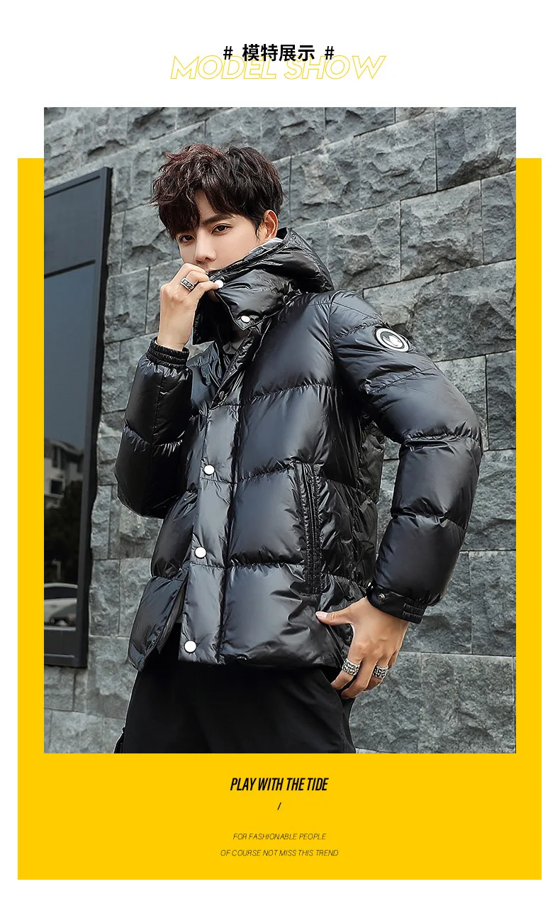 waterproof puffer jacket Winter 90% white duck down men's shiny down jacket men's short new couple models hooded down jacket Just for u Winter Down Parka mens puffer jacket