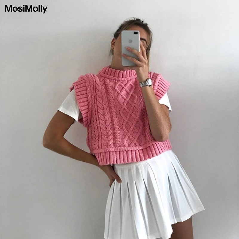 Sweater Cropped Pullovers Jumper Cable Knit Vest Women Sleeveless Tank Mosimolly Pink