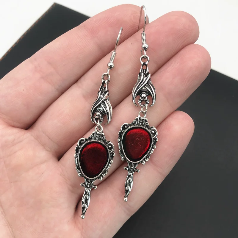 Vintage Vampire Bat Magic Mirror Drop Earrings Gothic Punk Dangling Grunge Goblincore Emo Accessories