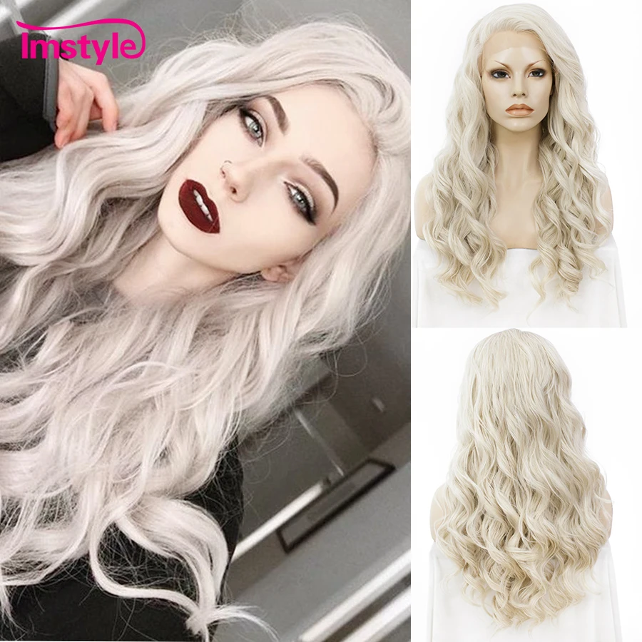 Günstig Imstyle Asche Blonde Spitze Front Perücken Für Frauen Synthetische Haar Perücke Lange Wellenförmige Cosplay Perücken Hitze Beständig Faser Glueless 24 zoll