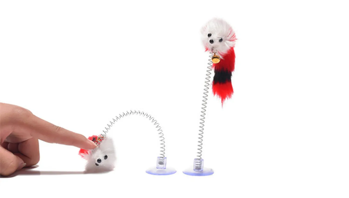 Random Colour Plastic Cat Toys Feather Funny Cat Mice Shape 20 x 10cm False Mouse Pet Products Bottom Sucker Elastic 1PC