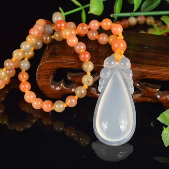 

Natural hand-woven white drop jade pendant necklace 6mm round jade beads jade jewelry white and gold party goods
