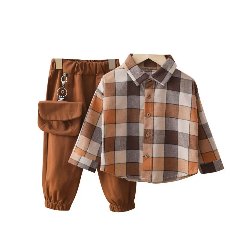 Discount Spring Autumn Cotton Toddler 2pcs Suit Children Clothing Sets Plaid Lapel Shirt+Pants AjXNe9GrYQO