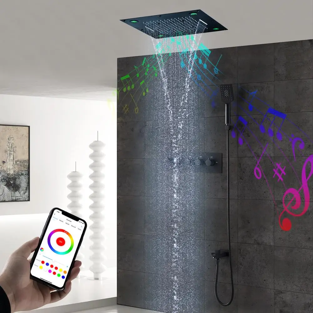 

Bluetooth Music ShowerHead Bathroom Ceiling LED Shower Set Rainfall Waterfall Black Faucets System Thermostatic Concealed Mixer