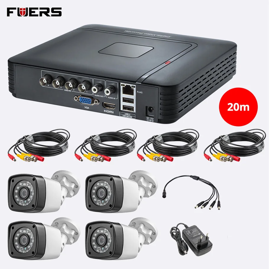 FUERS 4 шт. 4MP 4CH AHD DVR CCTV камера 1080P открытый видео рекордер P2P 4 канала видеонаблюдения домашняя система охранной сигнализации наборы - Цвет: 20m line