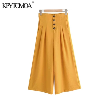 

KPYTOMOA Women 2020 Chic Fashion High Waist Wide Leg Pants Vintage Pockets Buttons Fly Female Ankle Trousers Pantalones Mujer