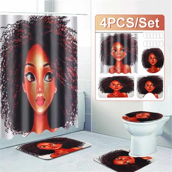 

African American Women with Crown Shower Curtain Afro Africa Girl Queen Princess Bath Curtains with Rugs Toilet Seat Cover Set