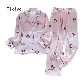 

Fiklyc underwear women's spring autumn europen best selling long sleeve & pants 2 pieces satin pajamas sleepwear sets print