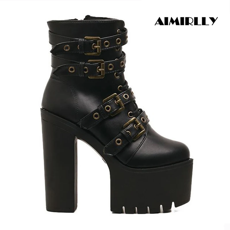 

Spring Rivet Black Ankle Boots Women Platform Autumn Ladies Boots Zipper Ultra High Heels Shoes Female Bolck Heel Thick Sole