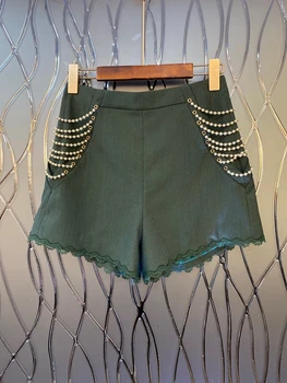 

2020 Spring and Summer New Women's Two Sides of Heavy Industry Beaded Chain Stitching Decorations All-match Shorts Casual 706
