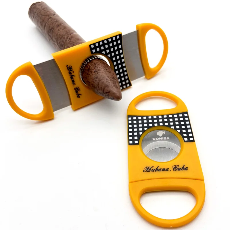 COHIBA-Tijeras de cuchillas de acero inoxidable, cortador de cigarros clásico amarillo, herramienta de corte afilado, accesorios para cigarros, cortador de bolsillo