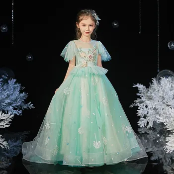 

Summer Elegant New Fresh Green Color Children Girls Model Show Catwalk First Communication Princess Dress Kids Evening Dresses