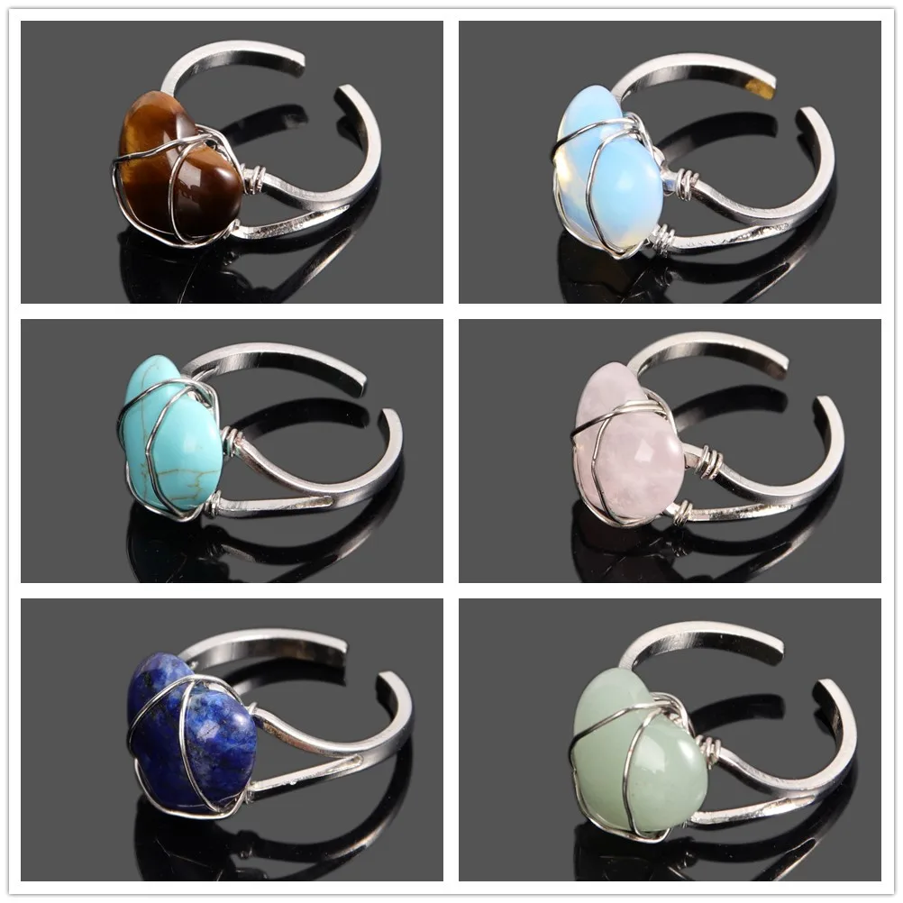 

Heart-shape Wire Wrap Natural Stone Lapis Lazuli Amethyst Aventurine Rose Quartz Ring For Women Jewelry Gift Wedding Party Ring