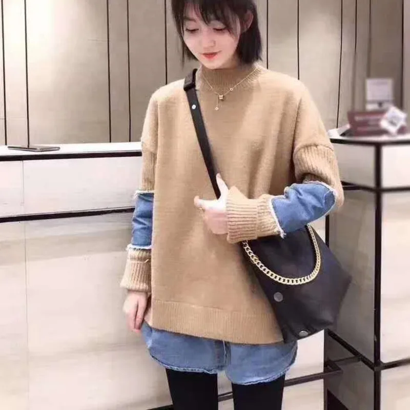 

[EWQ] 2020 Spring Autumn Half Turtleneck Collar Long Sleeve Denim Patchwork Knitting Pullovers Streetwear Sweater Women 19C-a122