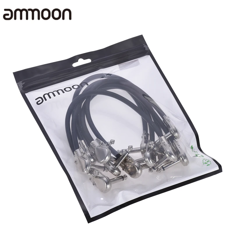 6-Pack ammoon 30cm/12in Guitar Effect Pedal Instrument Patch Cable 1/4 Silver Right-angle Plug Black PVC Jacket 