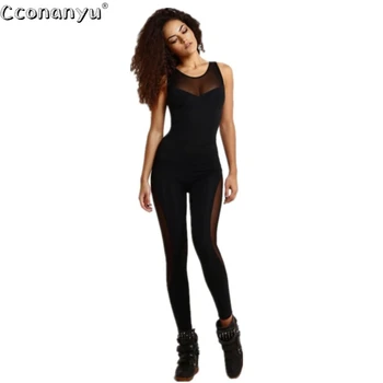 

Women Black Sleeveless Backless Mesh Yoga Jumpsuits 2020 Spring Outfits Slim Jumpsuits Sports Full Leggings Jumpsuits