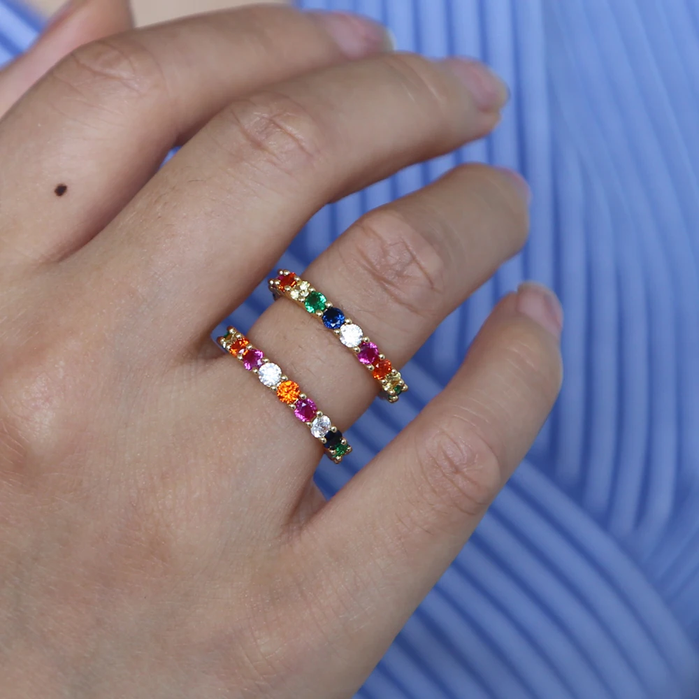 multicolor Rings For Women Round Rings Inlay Handmade Cut Rainbow Cubic
