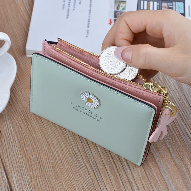 Women Short Wallets 2021 New Fashion Design Small Daisy Card Holder High Quality  PU Coin Purse Simple Zipper Money Bag Wallets 2