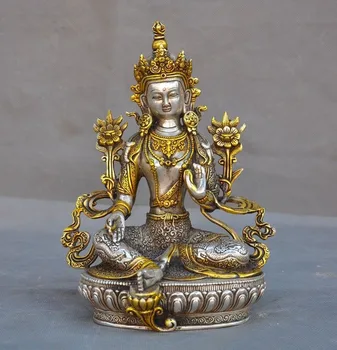 

christmas 8" Tibet Buddhism Temple silver Gilt Green Tara Chenrezig Kwan-Yin Buddha statue new Year