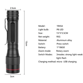 

USB Rechargeable Flashlight Zoomable Led Torch 3 Mode Torch With USB Cable Flashlight Torch Flashlight Zoomable Focus