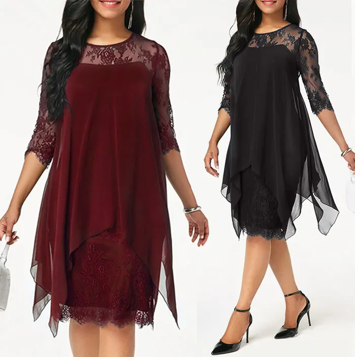 Шифоновые платья размера плюс 5XL, женские новые модные шифоновые платья с рукавом три четверти, кружевные платья с неровным подолом vestidos