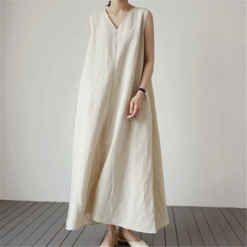 Cotton Linen Women Dress Pocket Solid Loose V-Neck Sleeveless Summer Korean Long Robe Dress For Women