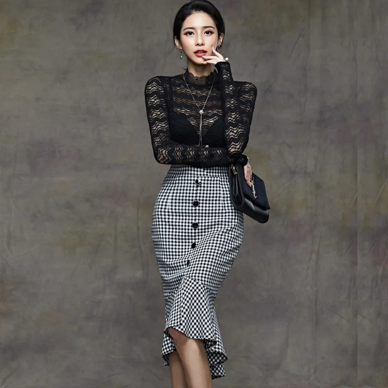 

Set 2019 Winter New Products Debutante Lace Slim Fit Tops + Elegant Sheath Skirt Two-Piece Women's