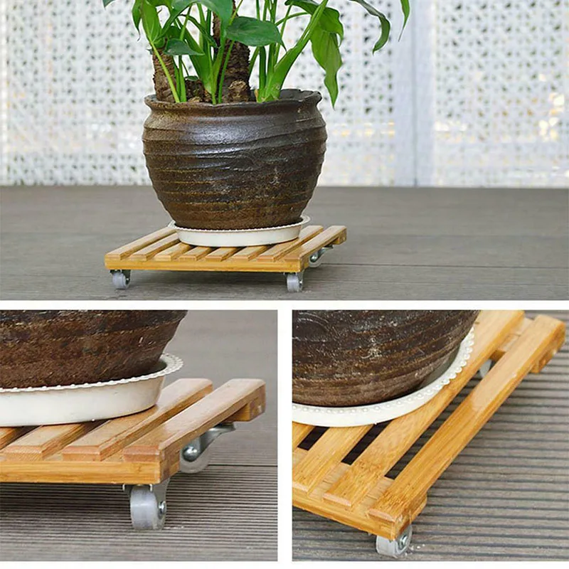 Klinkamz Wooden Movable Plant Pot Trolley Trays Plant Stand Caddy with 4 Wheels Rolling Base