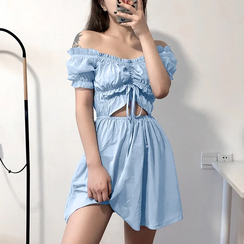 

2020 Summer Women's Puff Sleeve Fungus Pleated Drawstring Hollow Out Thin A-line Dress Long Shirts New Dress for Women