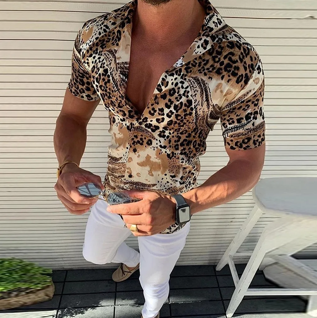 2019 Новый Для мужчин Винтаж леопардовым принтом летние футболки Повседневное короткий рукав свободные рубашки человек мужской моды