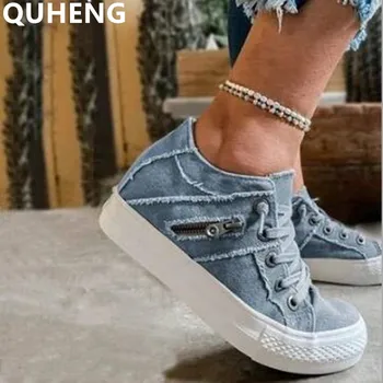 

New Ladies Metal Zip Decoration Denim Vulcanized Shoes Womens Platform Sneakers woman Skateboard Single Shoes Spring Autumn Hot