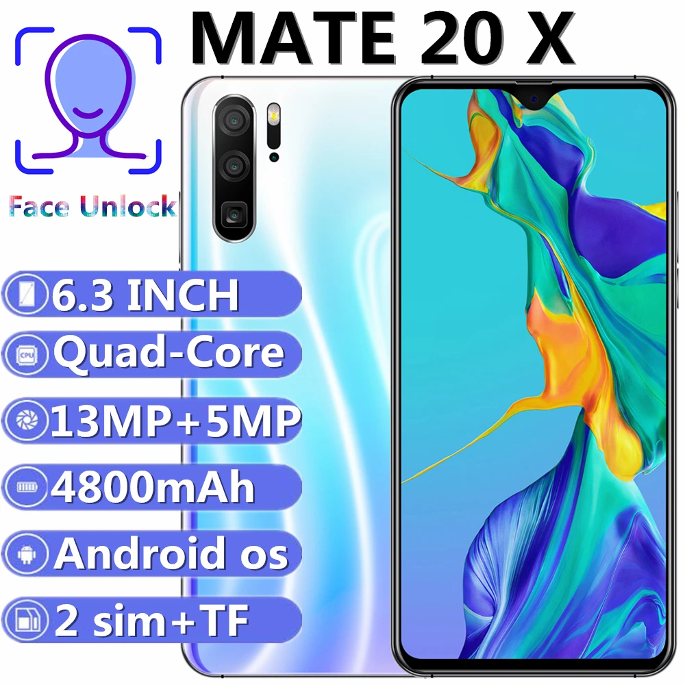 Смартфонов Коврики 20 X Android уход за кожей лица разблокированный 4G Оперативная память 64G Встроенная память 4 ядра 13MP капли воды 6,3 дюймов мобильный телефон