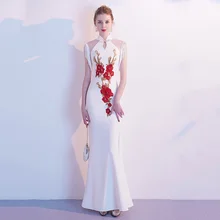 Изысканная вышивка цветок леди Qipao платье для выпускного вечера классический китайский стиль элегантный белый халат De Soiree сексуальный тонкий русалка Vestidos