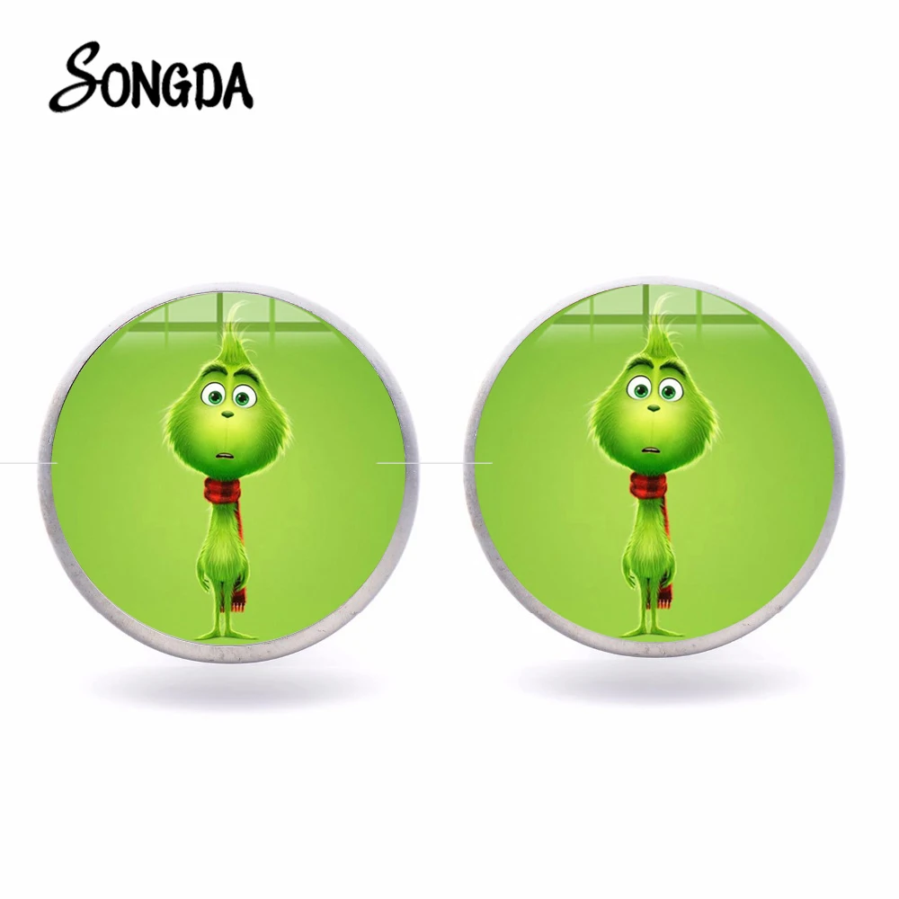 SONGDA, модные серьги-гвоздики Grinch, милый мультфильм Grinch and Dog, аниме постер, стеклянный кабошон, серьги-гвоздики в рождественской тематике, подарки для детей