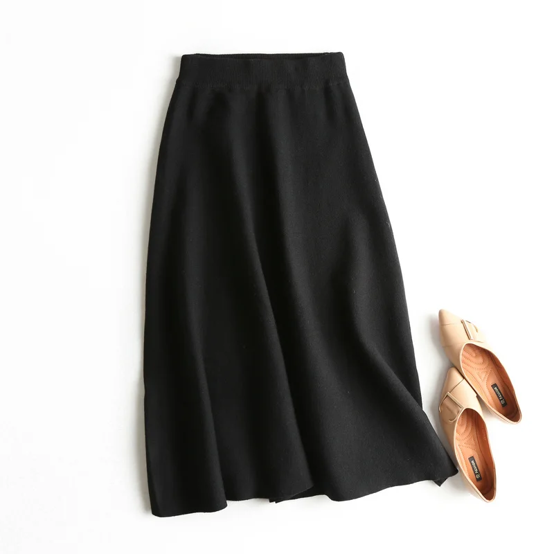 Tangada, Женские однотонные вязаные длинные юбки, вязаные, тянущиеся, высокая талия, корейский стиль, элегантные, женские, черные, трапециевидные юбки, BC24 - Цвет: Черный